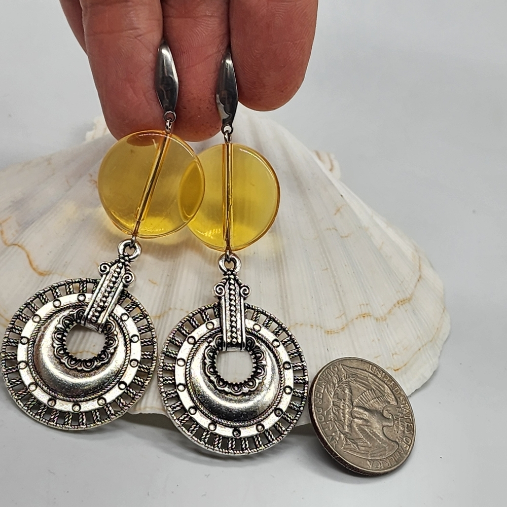 Free People Jewelry Beewax Amber Silver "Inka" Discs Dangling Earrings - Picture 4 of 13
